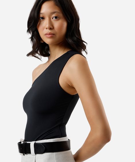 body ombro único feminino com franzidos preto
