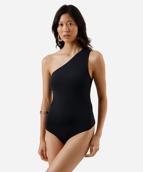 body ombro único feminino com franzidos preto