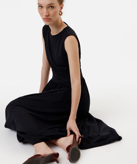 vestido midi feminino de algodão decote redondo preto