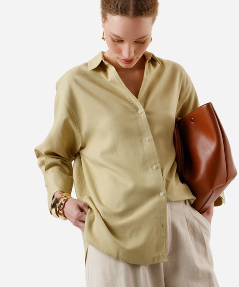 camisa feminina com linho manga longa verde