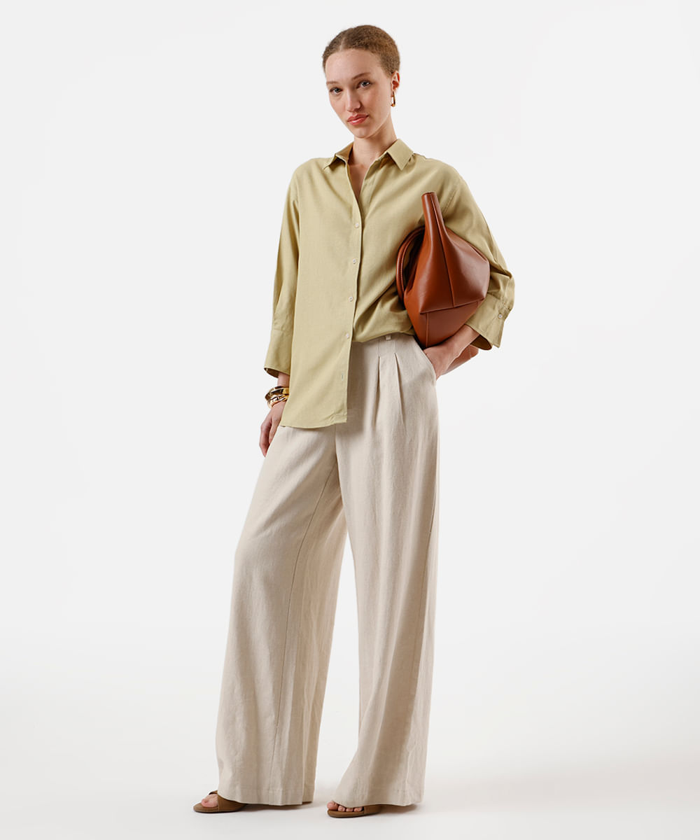 camisa feminina com linho manga longa verde