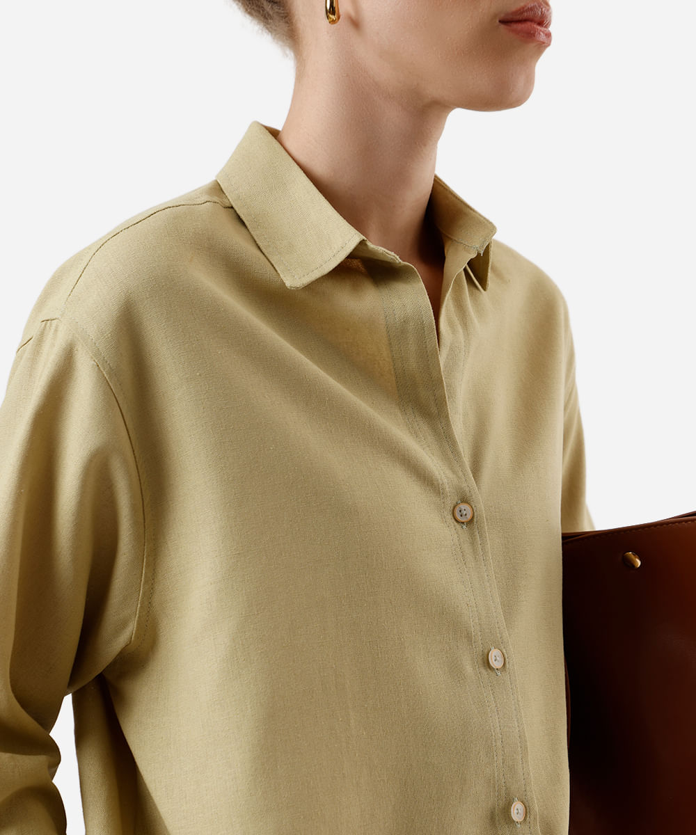 camisa feminina com linho manga longa verde