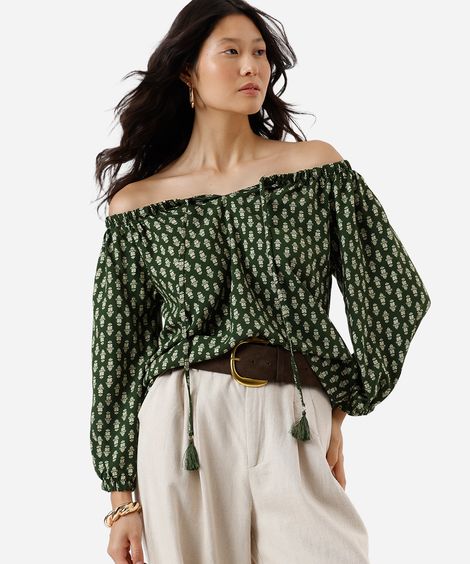 bata feminina de viscose ombro a ombro folhagens verde