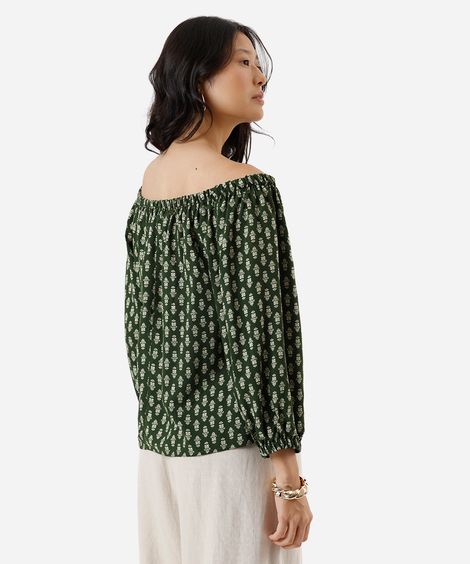 bata feminina de viscose ombro a ombro folhagens verde
