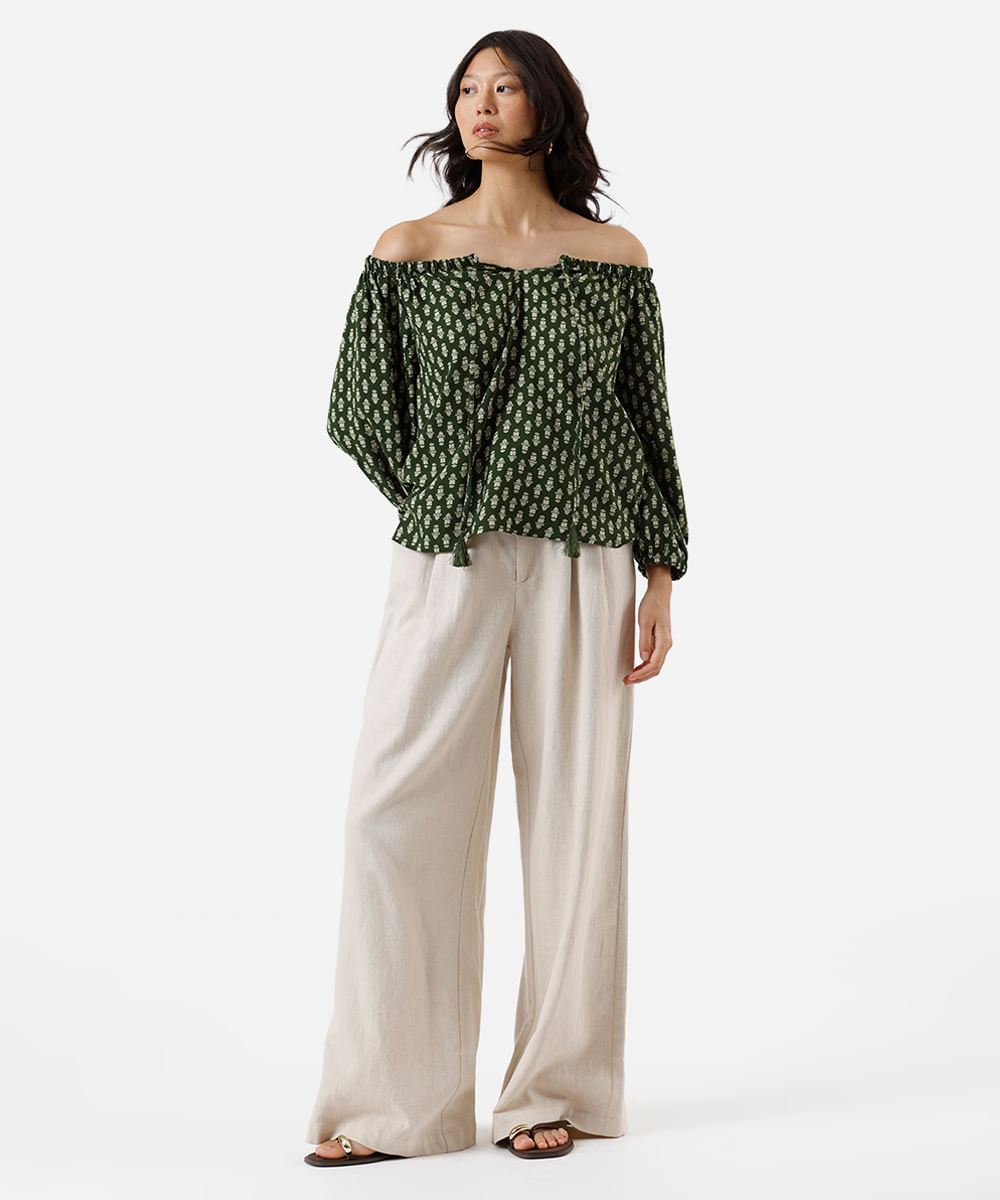 bata feminina de viscose ombro a ombro folhagens verde