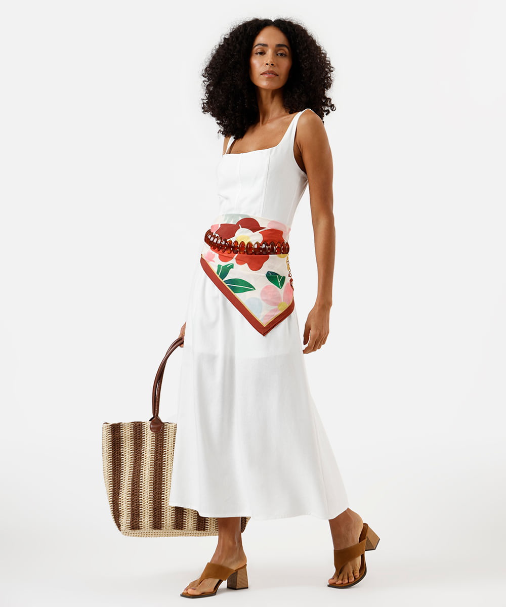 vestido midi feminino com linho e recortes decote quadrado off white