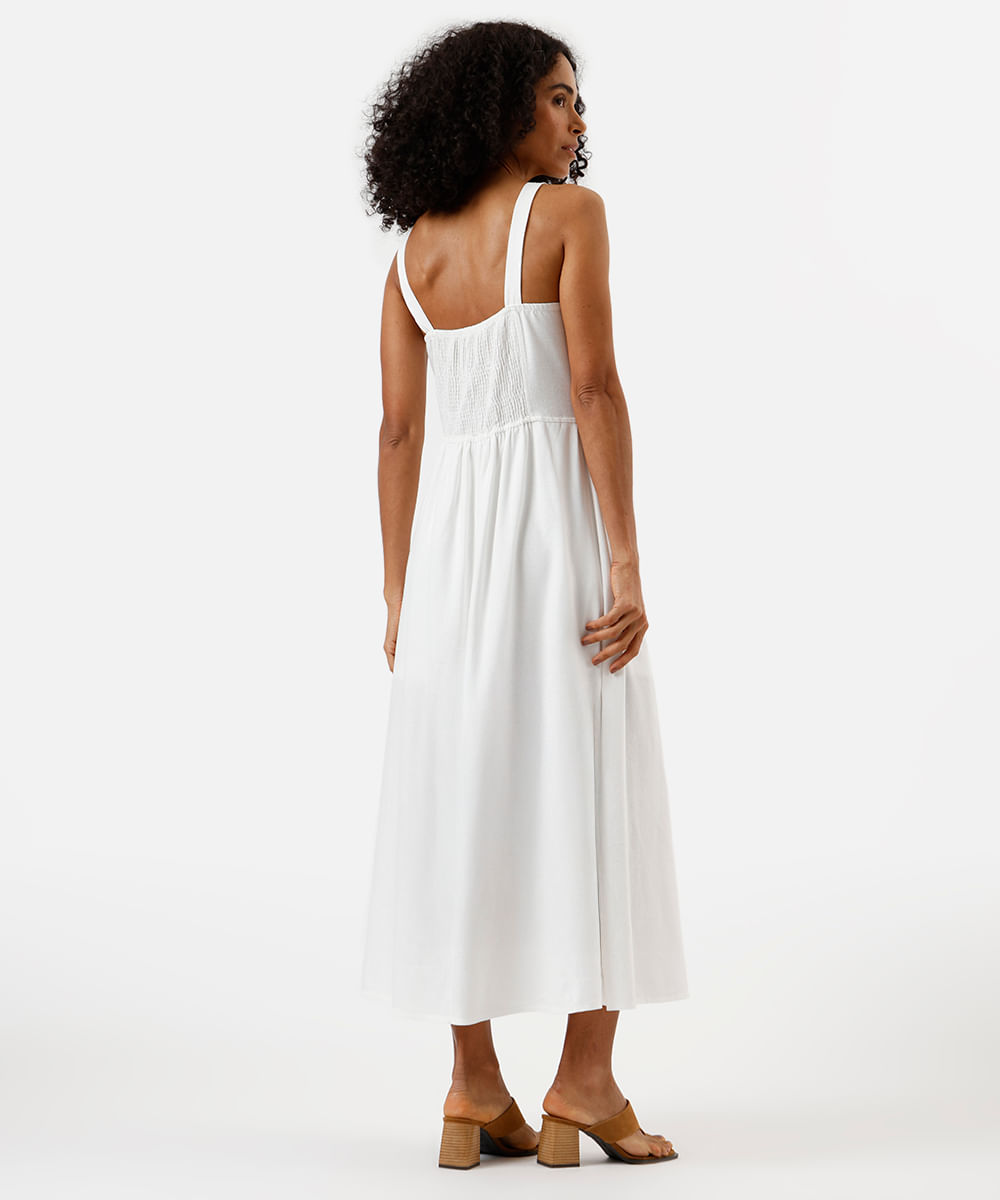 vestido midi feminino com linho e recortes decote quadrado off white