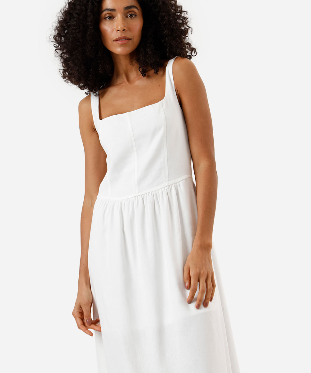 vestido midi feminino com linho e recortes decote quadrado off white