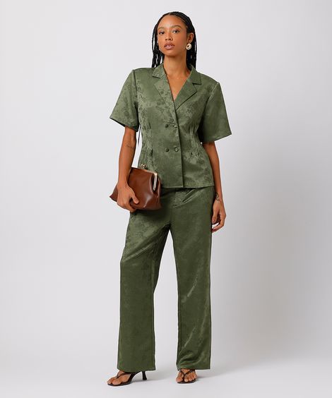 calça reta feminina de jacquard floral mindset verde