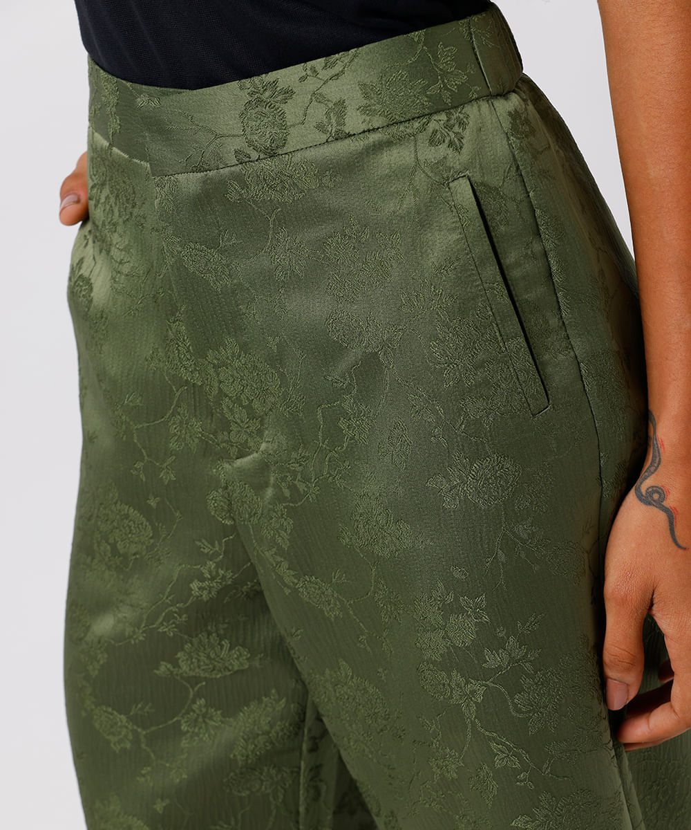 calça reta feminina de jacquard floral mindset verde