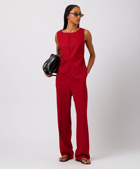 calça reta feminina de alfaiataria com linho pregas mindset vinho