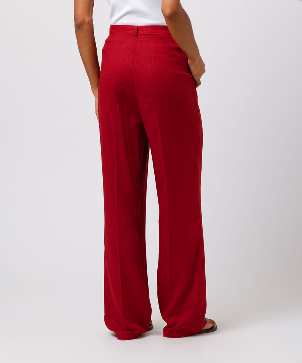 calça reta feminina de alfaiataria com linho pregas mindset vinho