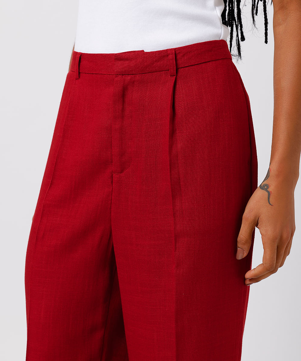 calça reta feminina de alfaiataria com linho pregas mindset vinho
