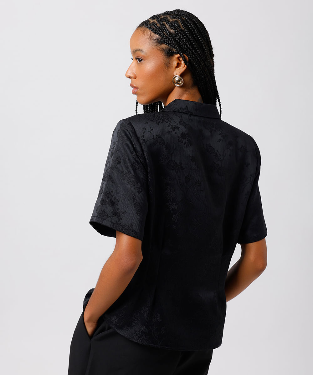 blusa feminina de jacquard floral mindset preta
