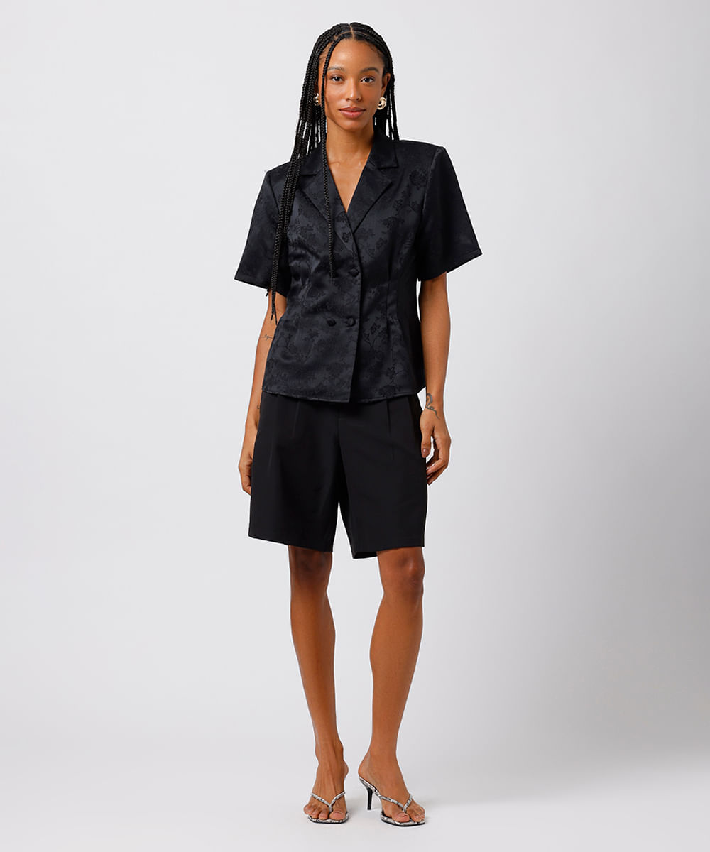 blusa feminina de jacquard floral mindset preta