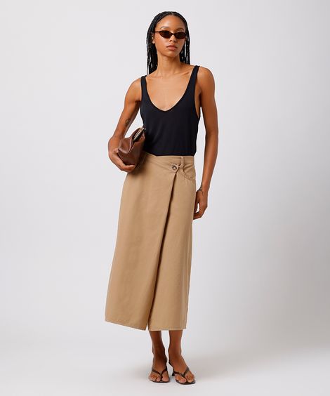 saia midi feminina de sarja cós transpassado mindset bege