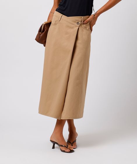 saia midi feminina de sarja cós transpassado mindset bege