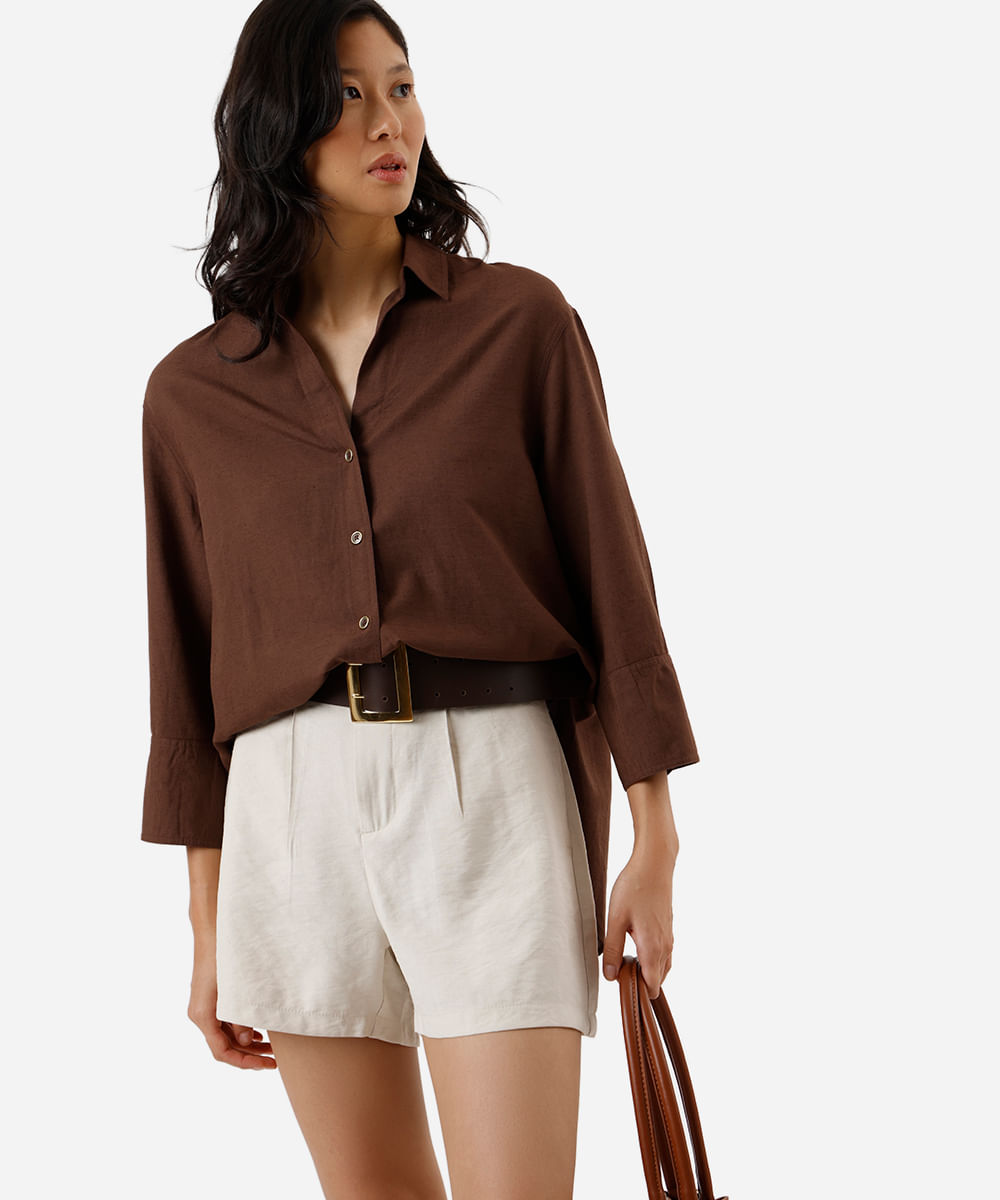 camisa feminina com linho manga longa marrom