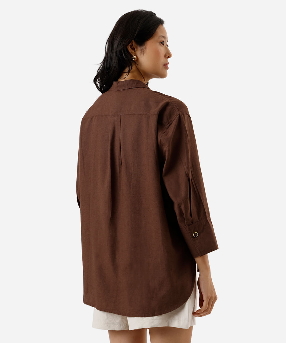 camisa feminina com linho manga longa marrom