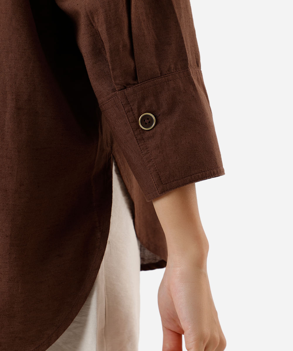 camisa feminina com linho manga longa marrom