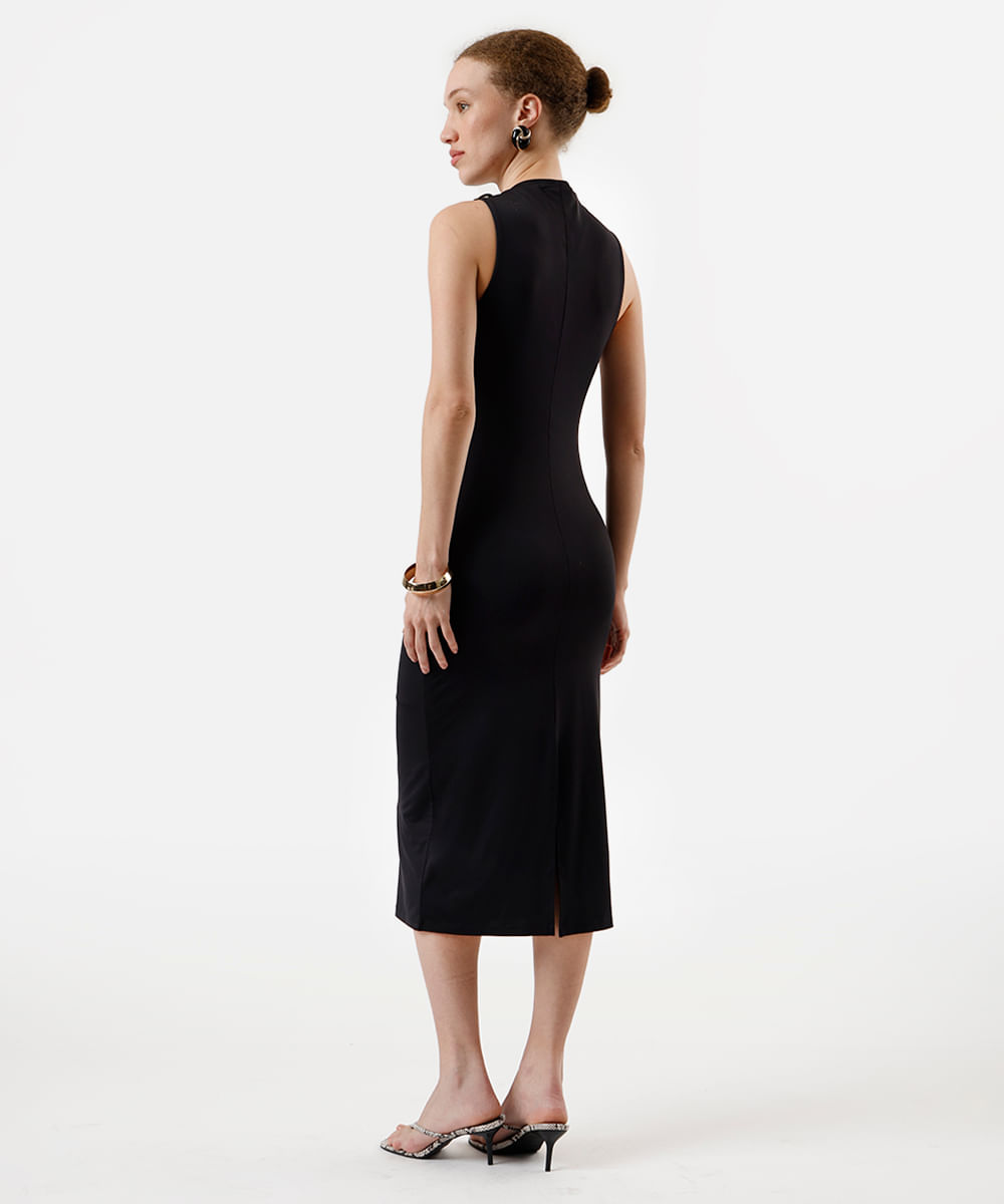 vestido midi feminino franzido com fivela preto