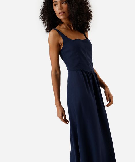 vestido midi feminino com linho e recortes decote quadrado azul