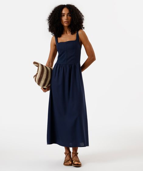 vestido midi feminino com linho e recortes decote quadrado azul