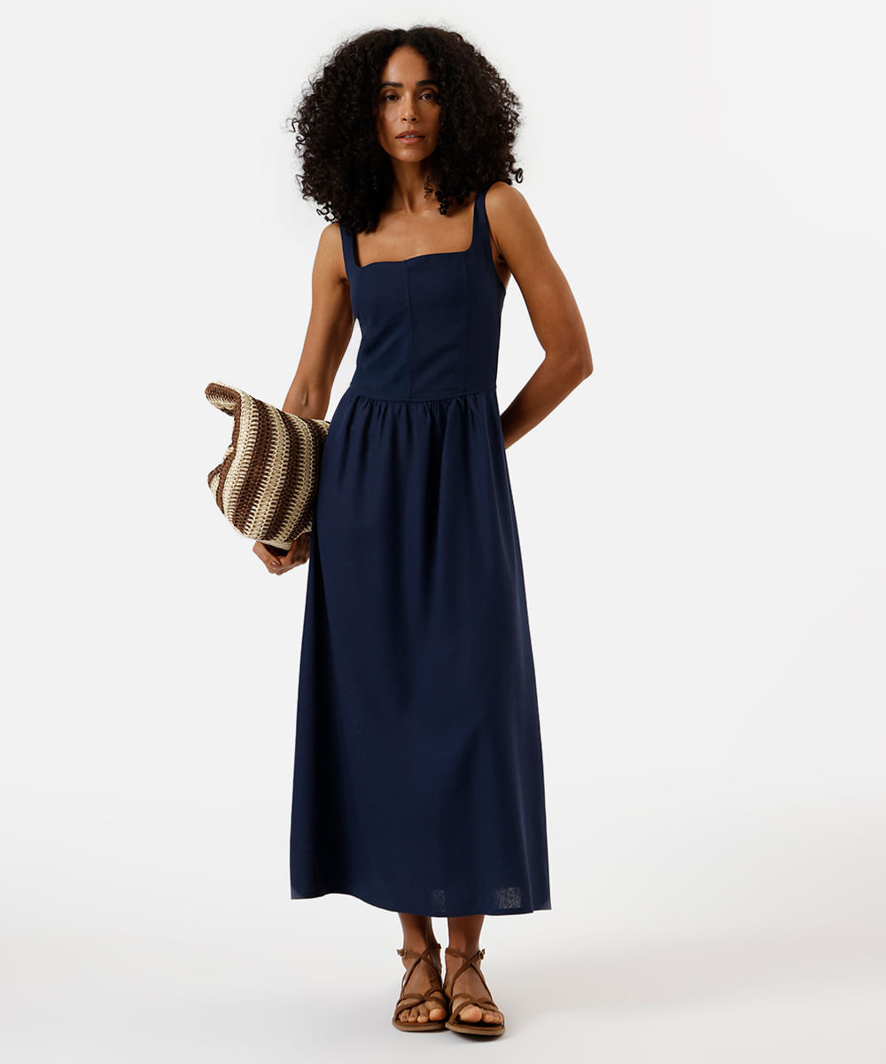 vestido midi feminino com linho e recortes decote quadrado azul