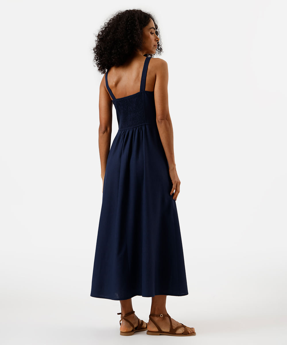vestido midi feminino com linho e recortes decote quadrado azul