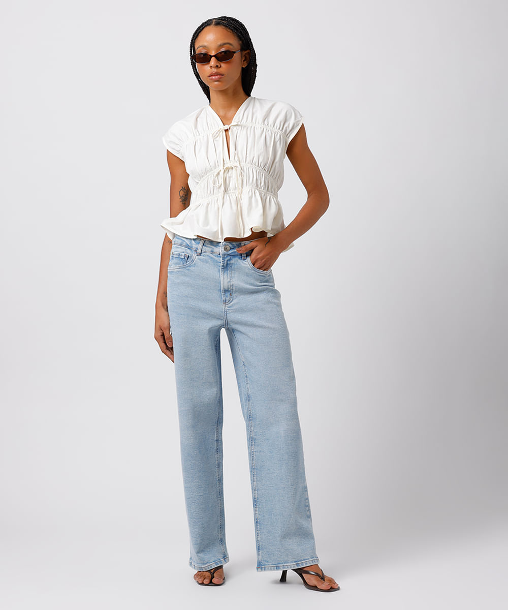 blusa feminina com algodão franzida mindset off white