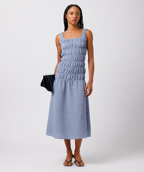 vestido midi feminino com franzidos decote quadrado xadrez mindset colorido