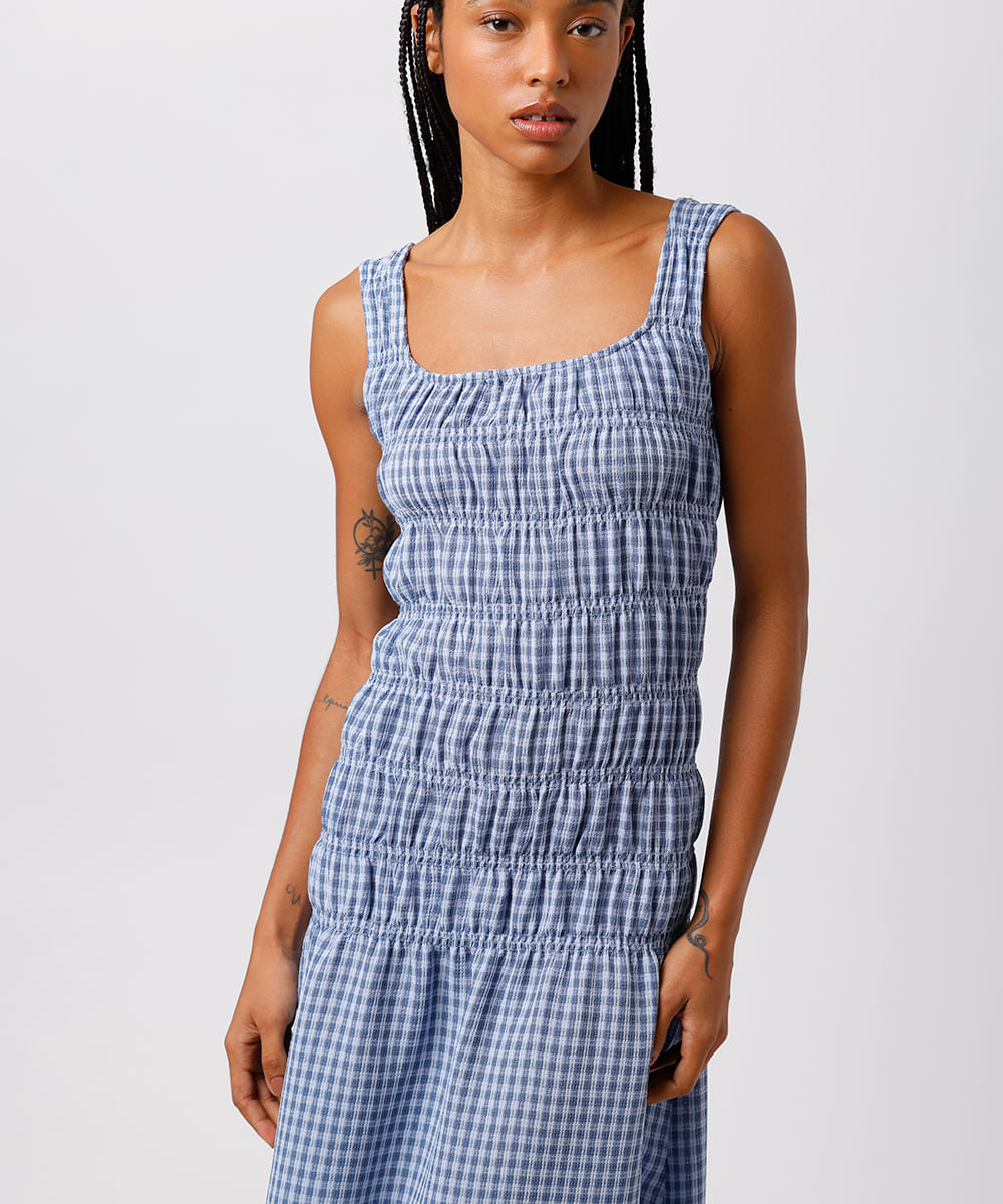 vestido midi feminino com franzidos decote quadrado xadrez mindset colorido
