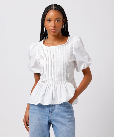 blusa peplum feminina manga bufante com pregas mindset off white