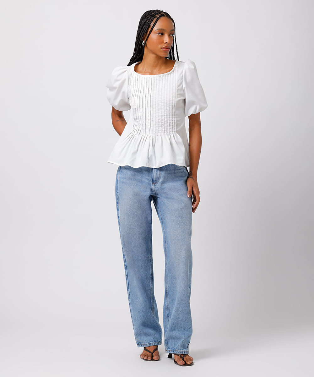 blusa peplum feminina manga bufante com pregas mindset off white