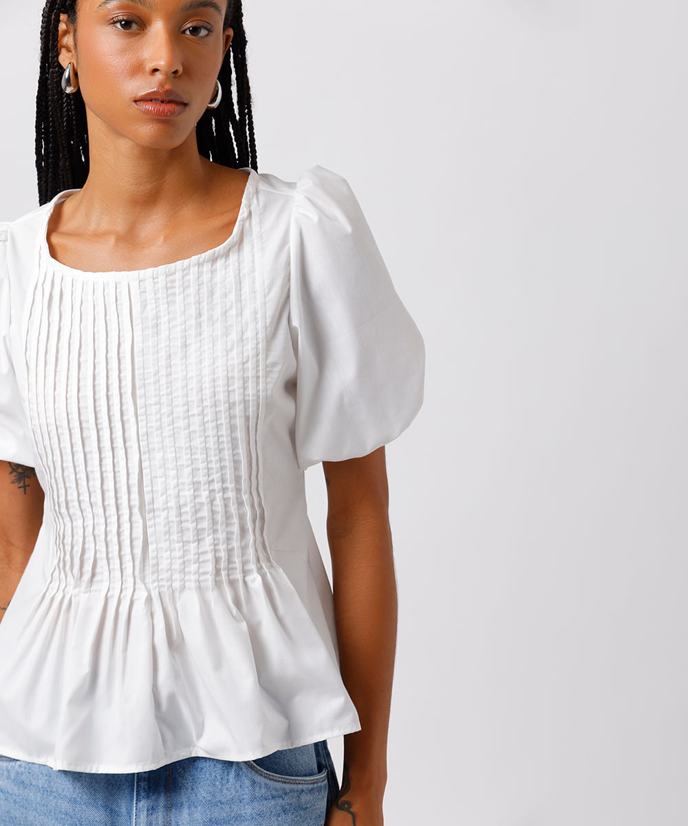 blusa peplum feminina manga bufante com pregas mindset off white