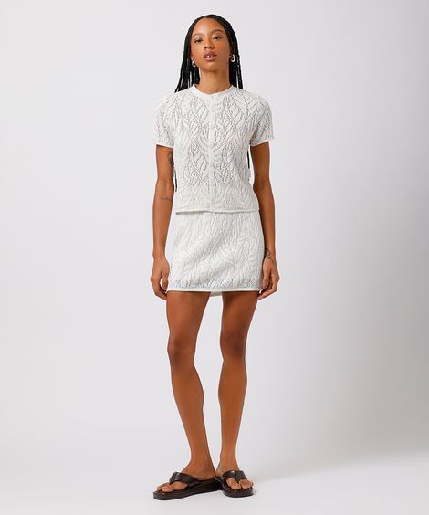 saia curta feminina de tricot texturizado folhagens mindset off white