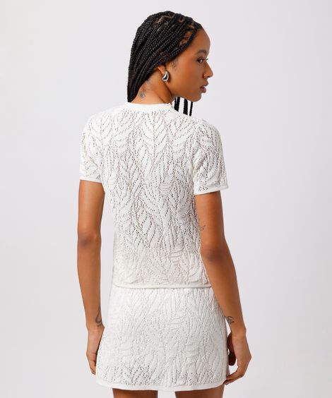 blusa feminina de tricot decote redondo texturizada folhagens mindset off white