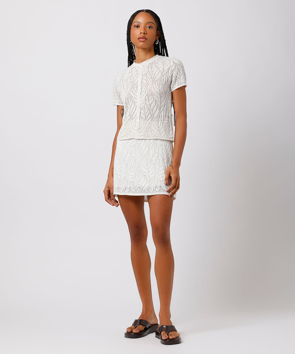 blusa feminina de tricot decote redondo texturizada folhagens mindset off white