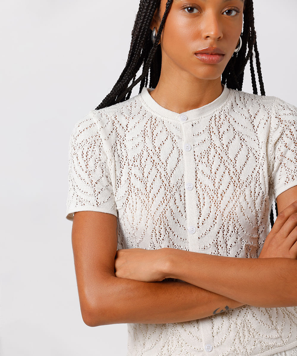 blusa feminina de tricot decote redondo texturizada folhagens mindset off white