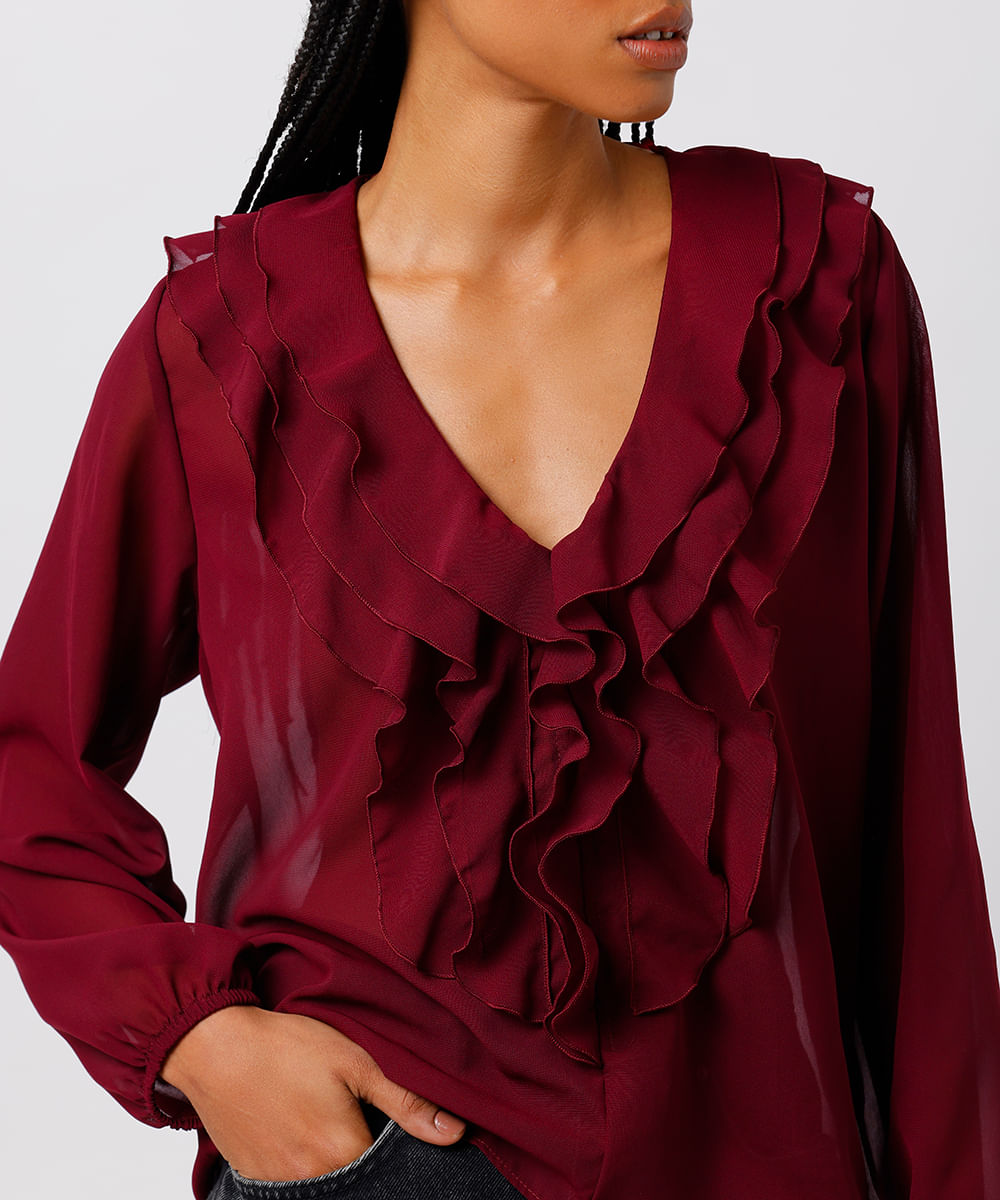 blusa feminina com babados manga longa mindset vinho