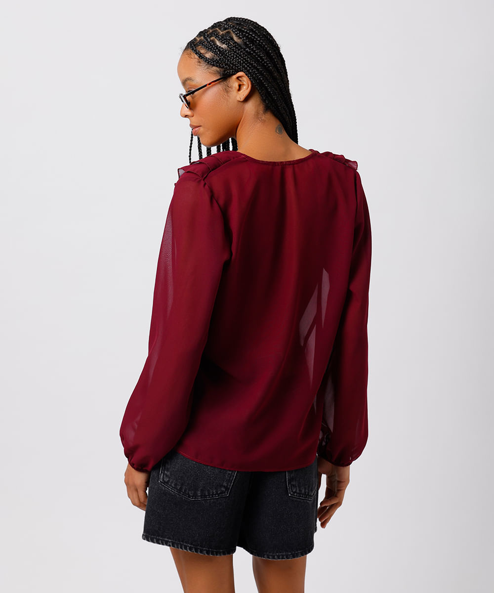 blusa feminina com babados manga longa mindset vinho
