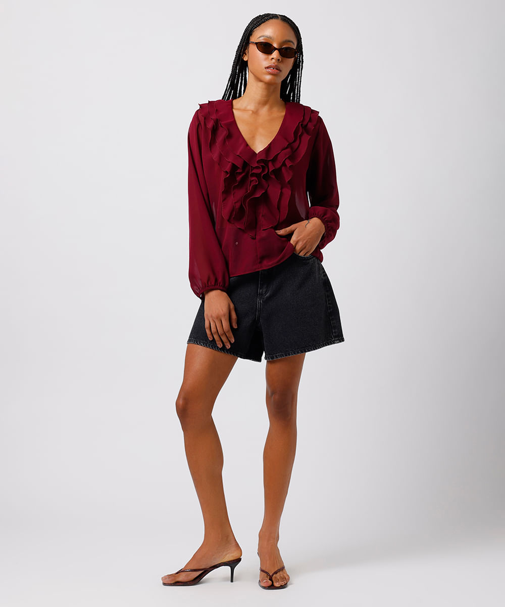 blusa feminina com babados manga longa mindset vinho