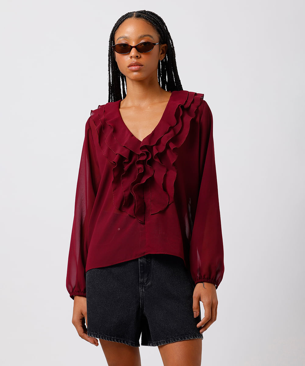 blusa feminina com babados manga longa mindset vinho