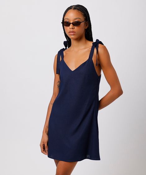 vestido curto feminino evasê decote v com linho mindset azul