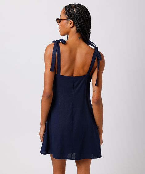 vestido curto feminino evasê decote v com linho mindset azul