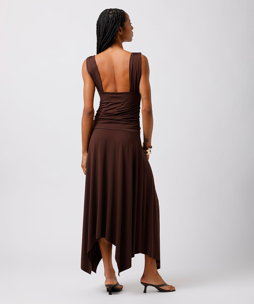 vestido midi feminino decote v franzido assimétrico mindset marrom