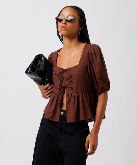 blusa peplum feminina com linho manga bufante mindset marrom
