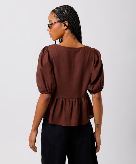 blusa peplum feminina com linho manga bufante mindset marrom