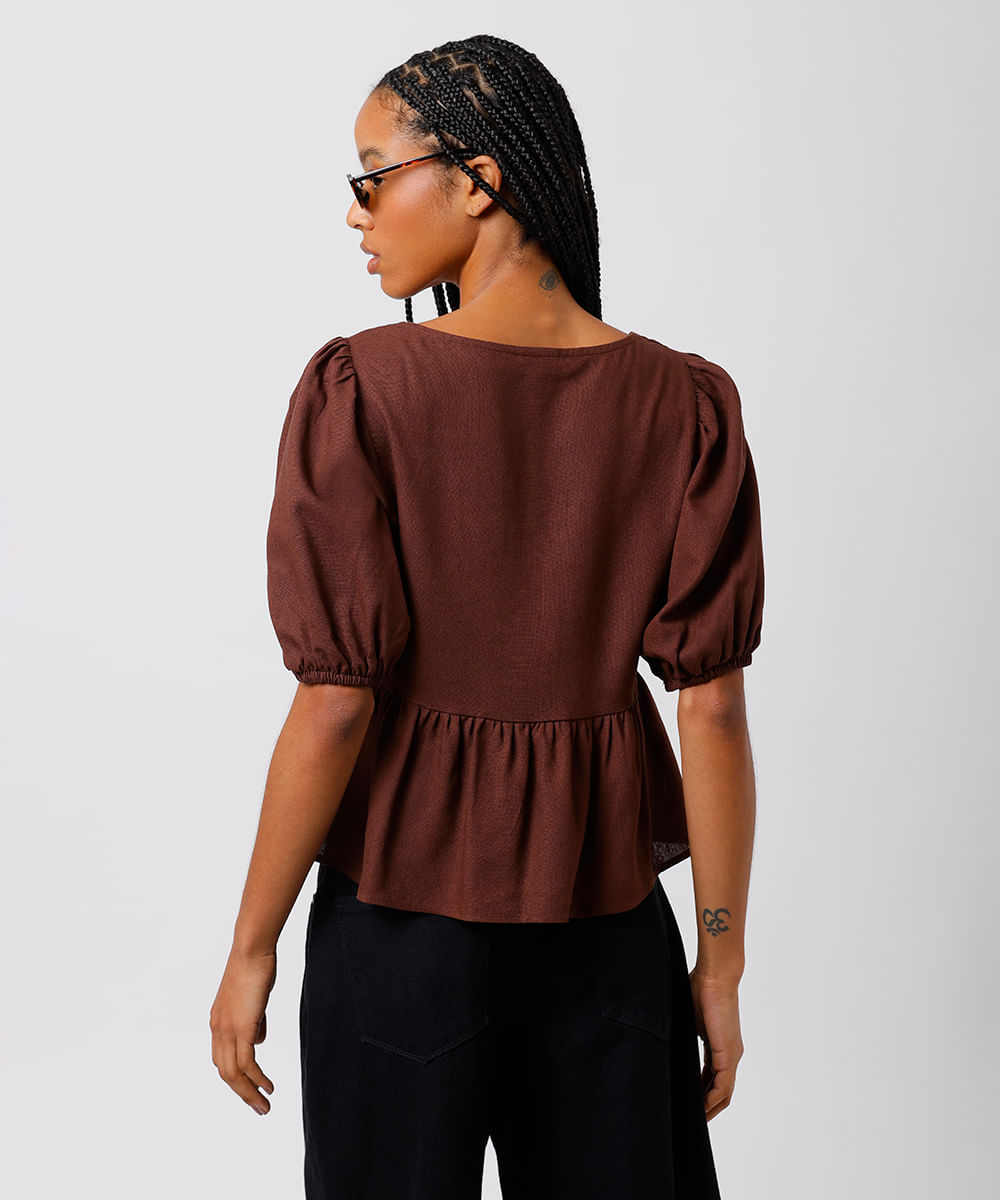 blusa peplum feminina com linho manga bufante mindset marrom