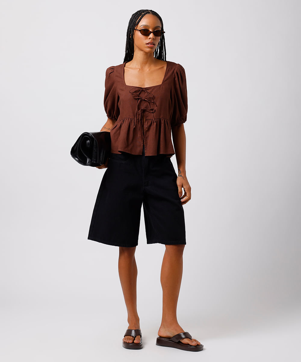 blusa peplum feminina com linho manga bufante mindset marrom